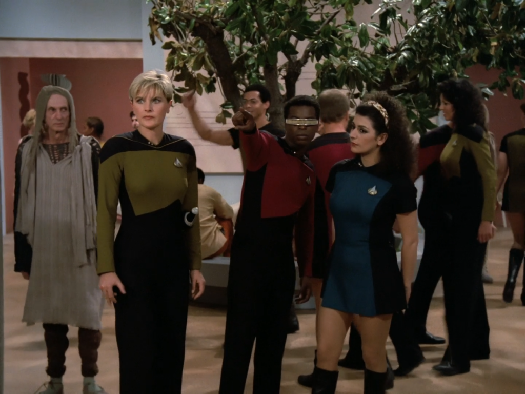 Deanna Troi wearing a skirt uniform