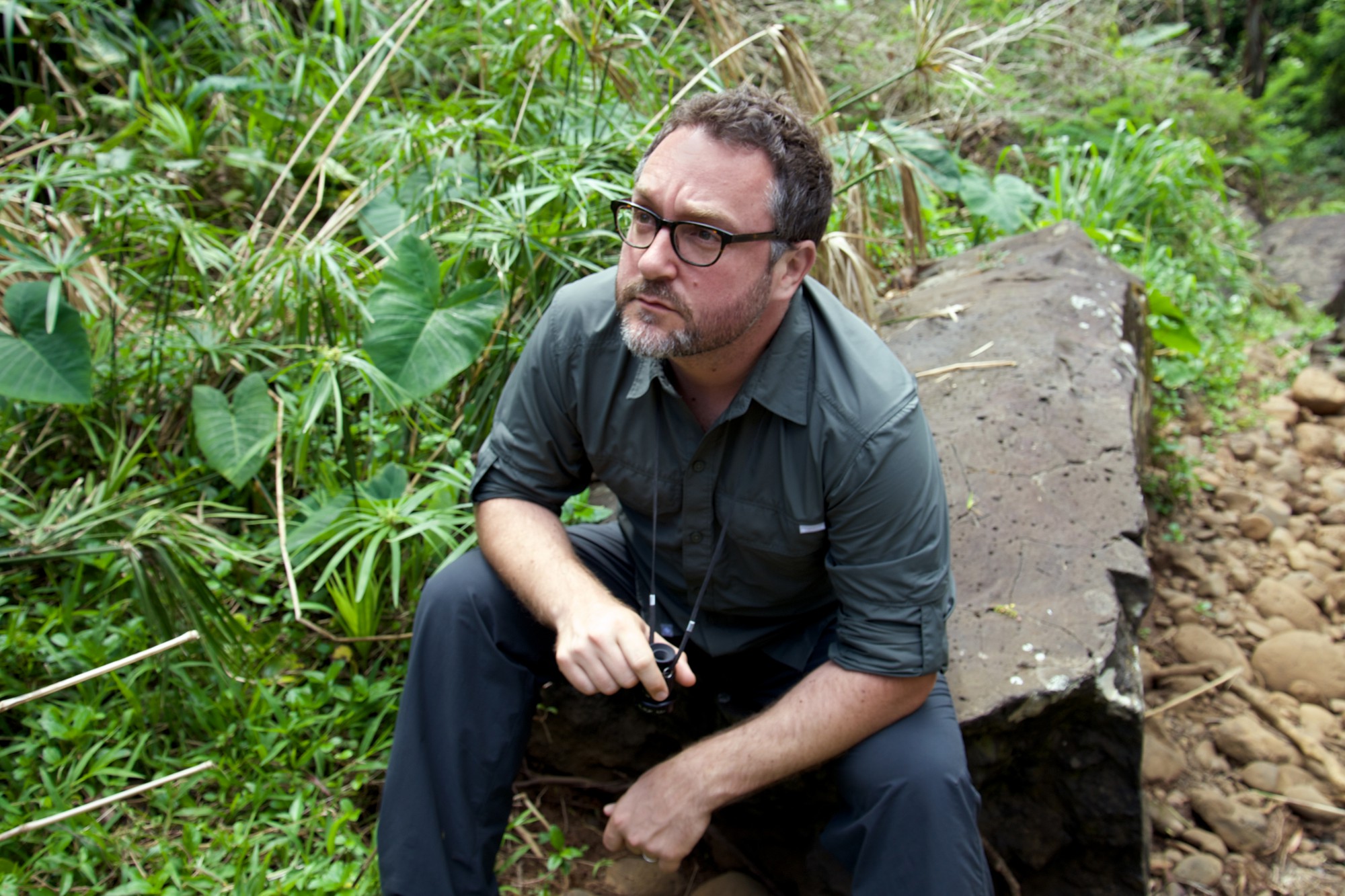 Director Colin Treverrow on the set of Jurassic World