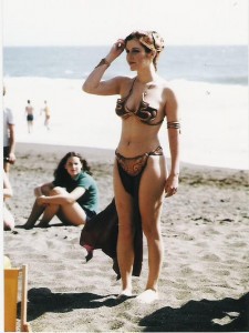 Carrie Fisher as Princess Leia wearing her metal bikini as seen in The Return of the Jedi