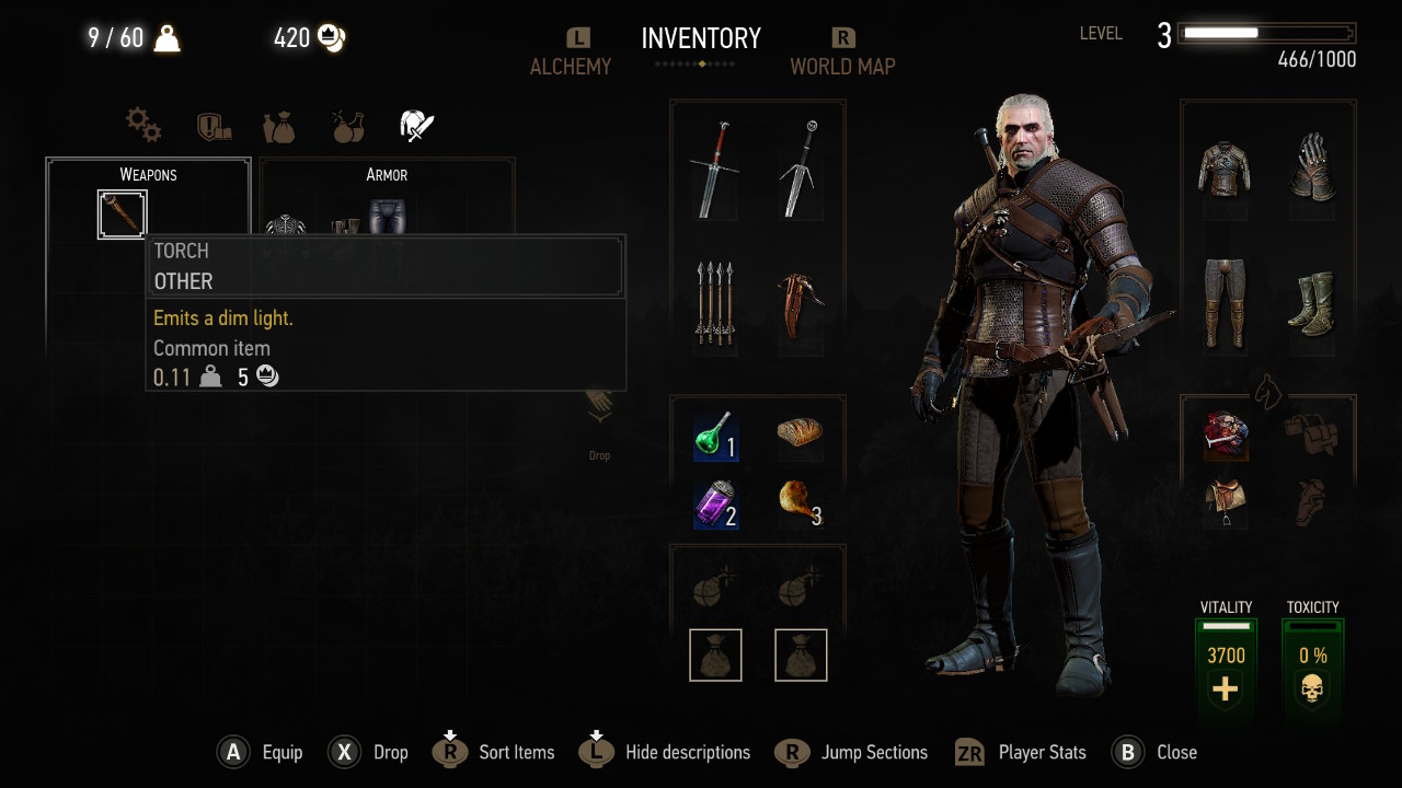 The Witcher 3 on Nintendo Switch inventory system