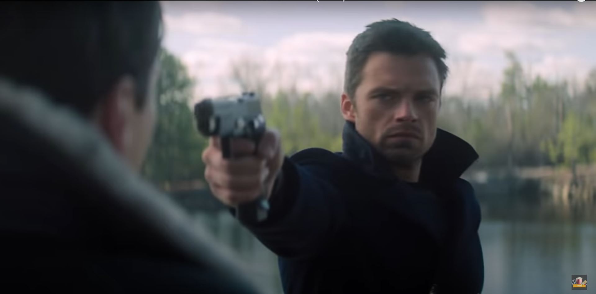 The Falcon and the Winter Soldier Bucky points a gun at Zemo